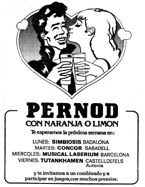 Anuncio del licor PERNOD en el que aparece la Discoteca Tutankhamen de Gav Mar publicado en el diario LA VANGUARDIA (20 de Mayo de 1979)